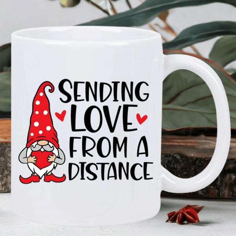 Tailorly White Ceramic 11 oz Mug - Sending Love From A Distance Charming Folklore Character Wearing Red Polka Dot Hat And Holding Heart Gnome