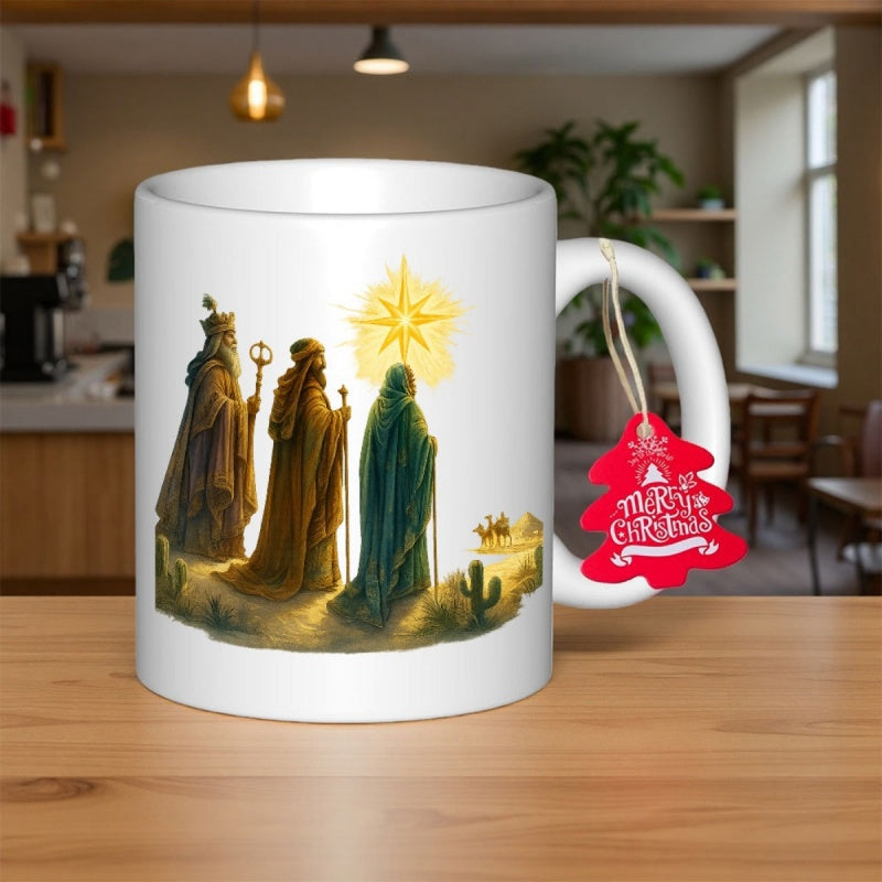 Tailorly White Ceramic 11 oz Mug - Merry Christmas Three Ancient Kings Following A Radiant Star Across Desert Sands Magi