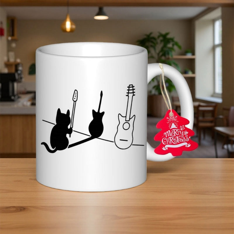 Tailorly White Ceramic 11 oz Mug - Minimalist Black Silhouettes Of Musical Instruments And A Sitting Friendly Feline Cat