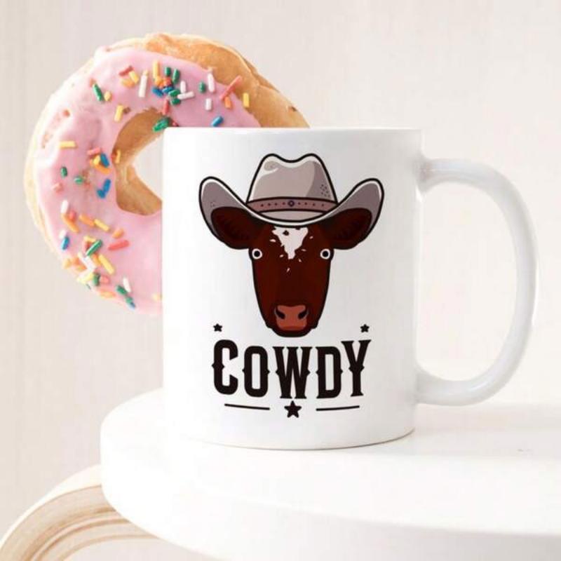 Tailorly White Ceramic 11 oz Mug - Cowdy Rustic Brown Cattle Head Wearing A Grey Western Style Cowboy Hat Cow