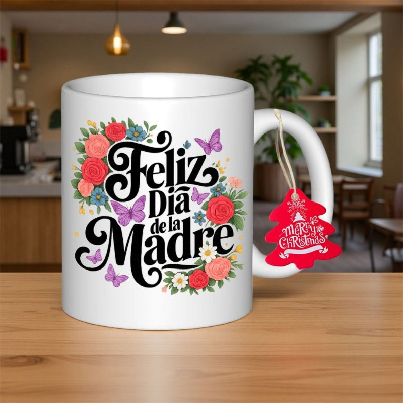 Tailorly White Ceramic 11 oz Mug - Blooming Colorful Garden Roses With Fluttering Purple Butterflies And Greenery Flower