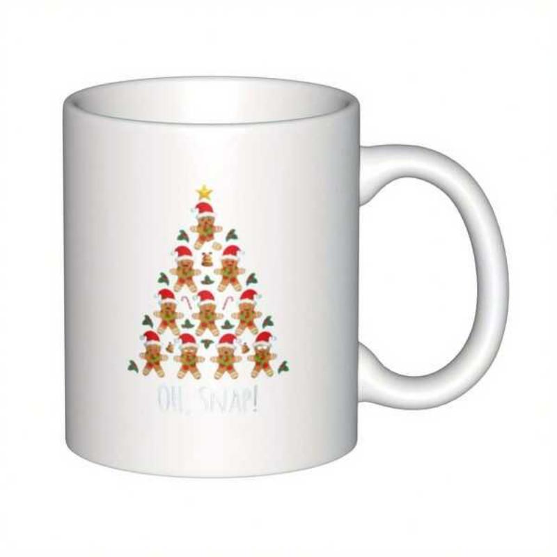 Tailorly White Ceramic 11 oz Mug - Oh Snap Festive Gingerbread Men Wearing Red Santa Hats Forming A Magical Festive Tree Gingerbread