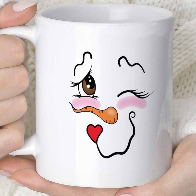 Tailorly White Ceramic 11 oz Mug - Cute Winking Face With Orange Carrot Nose And Heart Snowman
