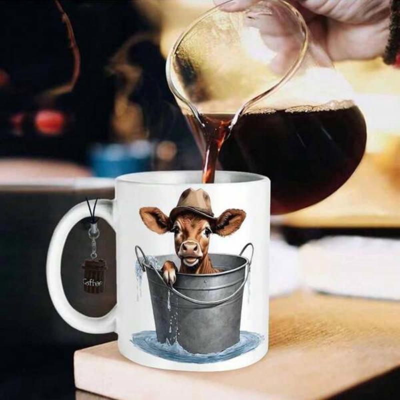 Tailorly White Ceramic 11 oz Mug - Adorable Brown Baby Wearing A Rustic Cowboy Hat Sitting Inside A Vintage Metal Wash Bucket Calf