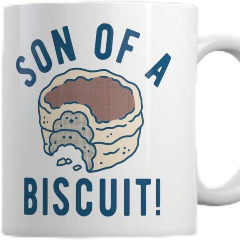 Tailorly White Ceramic 11 oz Mug - Son Of A Biscuit Hand Drawn Cartoon Style Bitten Pastry With Dark Blue Bold Letters Biscuit