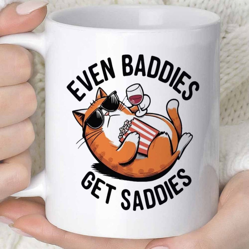 Tailorly White Ceramic 11 oz Mug - Even Baddies Get Saddies Chilling Orange Tabby Wearing Sunglasses Holding Wine And Popcorn Cat