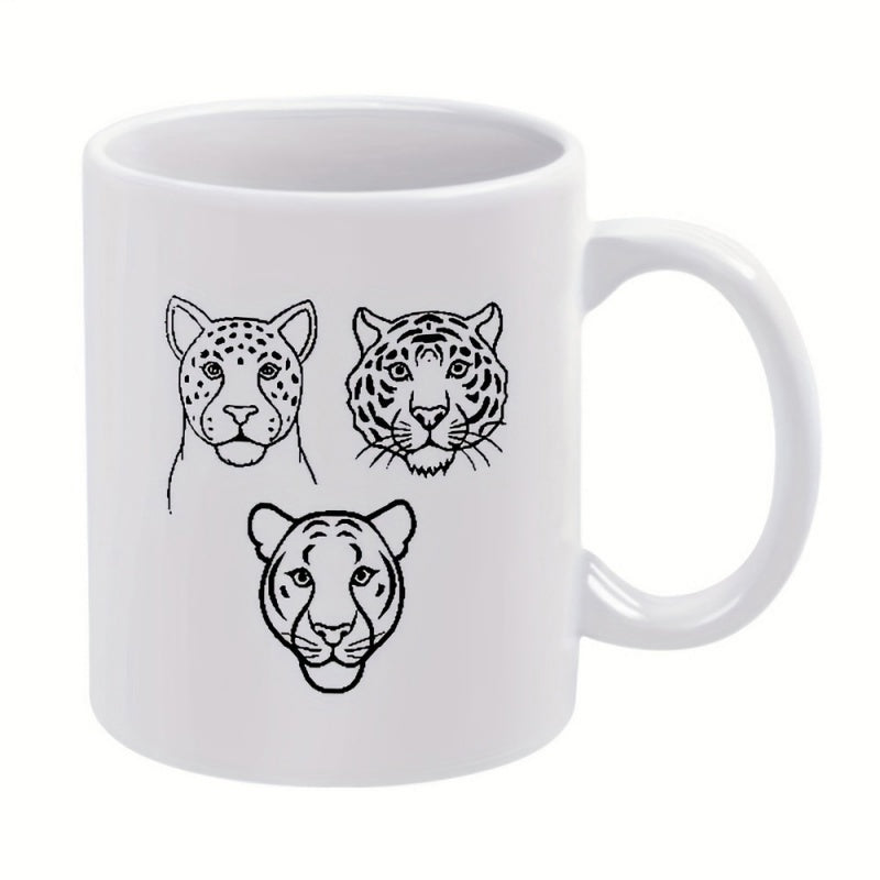 Tailorly White Ceramic 11 oz Mug - Minimalist Black Line Art Sketch Featuring Powerful Wild Animal Faces Tiger
