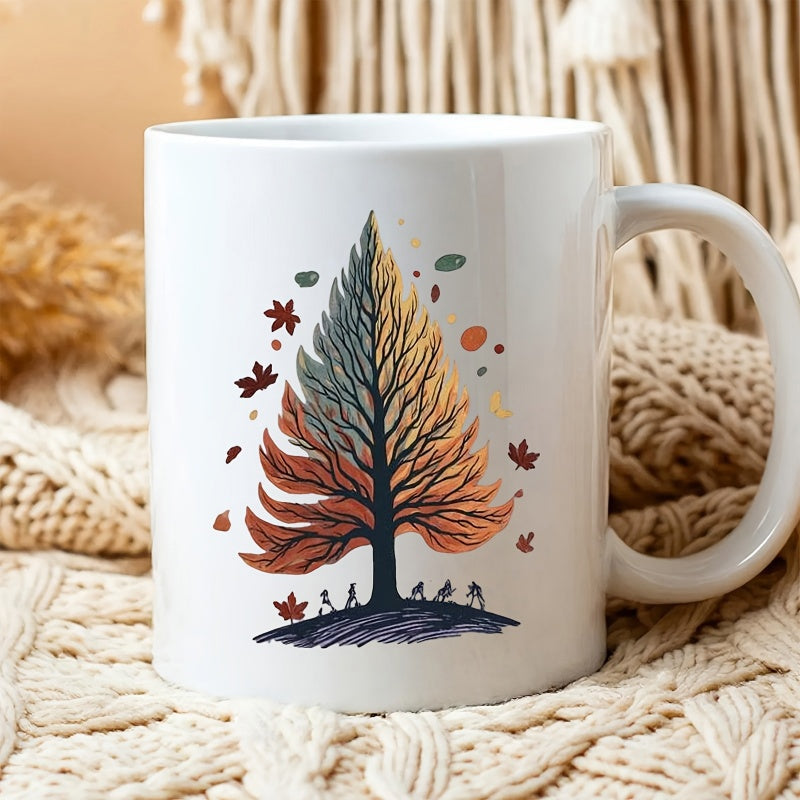 Tailorly White Ceramic 11 oz Mug - Artistic Autumn Foliage With Tiny Figures Walking Beneath Vibrant Seasonal Tree