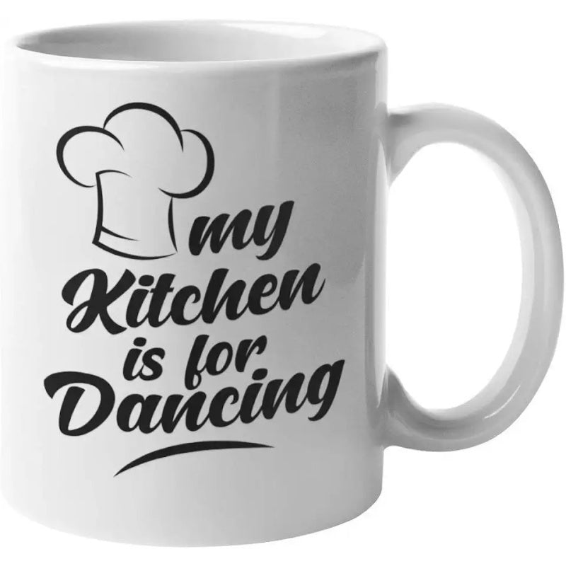 Tailorly White Ceramic 11 oz Mug - My Kitchen Is For Dancing Elegant Script Lettering With Minimalist Line Art Chef Hat Mug