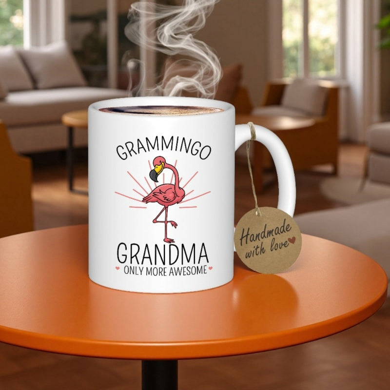 Tailorly White Ceramic 11 oz Mug - Grammingo Grandma Only More Awesome Hand Drawn Pink Bird Standing Gracefully Among Radiant Sunburst Lines Flamingo