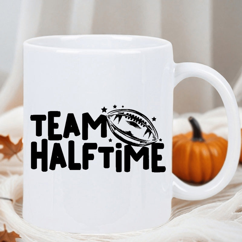 Tailorly White Ceramic 11 oz Mug - Team Halftime Bold Black Script Lettering Beside A Detailed Graphic Sports Football