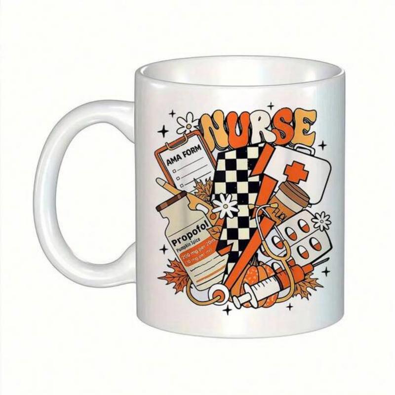 Tailorly White Ceramic 11 oz Mug - Nurse Groovy Retro Style Design With Medical Tools And Floral Accents Nurse Illustration