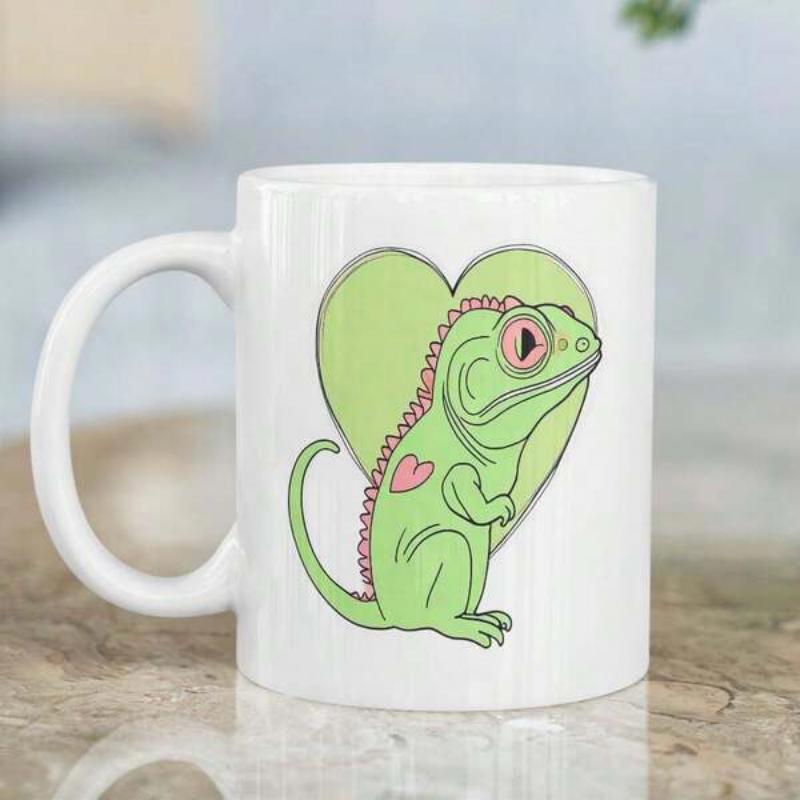 Tailorly White Ceramic 11 oz Mug - Adorable Cartoon Green Creature Standing Inside A Large Soft Green Heart Iguana