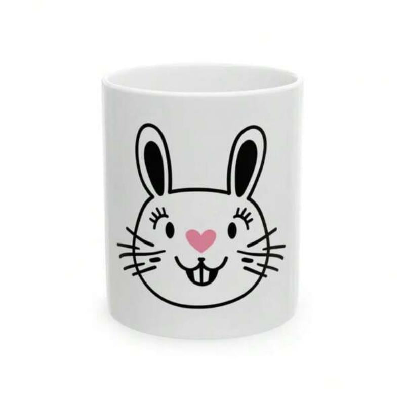 Tailorly White Ceramic 11 oz Mug - Adorable Cartoon Bunny Face With Pink Heart Nose And Long Ears Rabbit