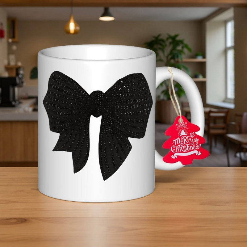 Tailorly White Ceramic 11 oz Mug - Merry Christmas Elegant Textured Black Knit Ribbon Resting On A Smooth Ceramic Surface Bow