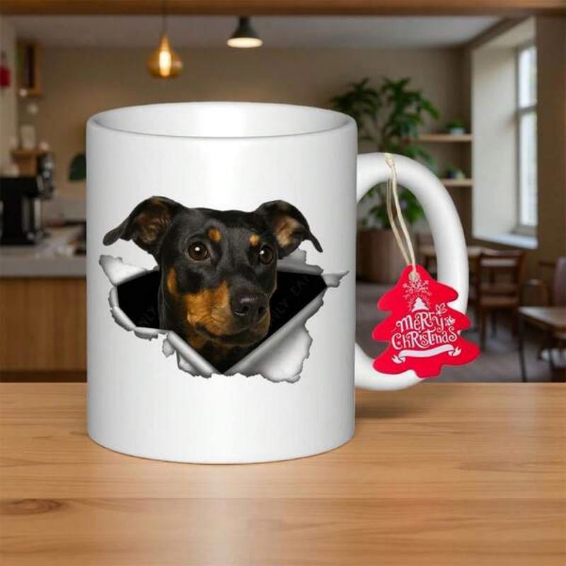 Tailorly White Ceramic 11 oz Mug - Merry Christmas Realistic Black And Tan Peeking Through A Ripped White Paper Dog
