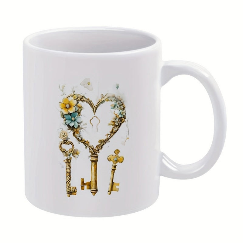 Tailorly White Ceramic 11 oz Mug - Ornate Golden Keys Hanging From A Romantic Floral Vine Wreath Heart Key