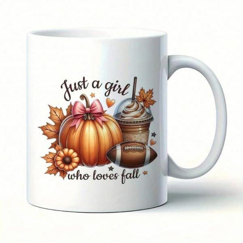 Tailorly White Ceramic 11 oz Mug - Just A Girl Who Loves Fall Festive Orange Pumpkin With Pink Ribbon Football And Iced Coffee Drink Pumpkin