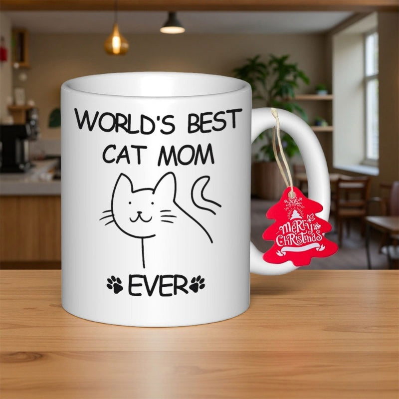 Tailorly White Ceramic 11 oz Mug - Worlds Best Cat Mom Ever Simple Minimalist Line Art Sketch Featuring Cute Small Paw Prints Cat