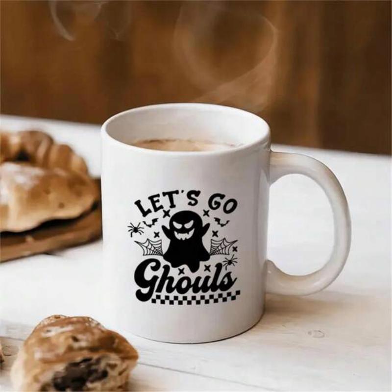 Tailorly White Ceramic 11 oz Mug - Lets Go Ghouls Spooky Menacing Phantom Surrounded By Bats And Intricate Spider Webs Ghost