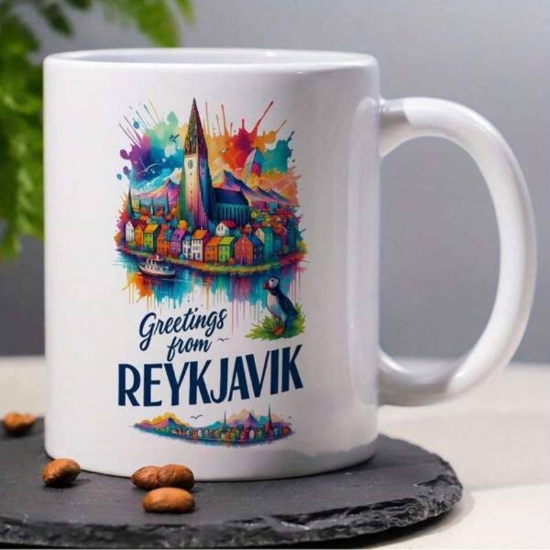 Tailorly White Ceramic 11 oz Mug - Greetings From Reykjavik Vibrant Abstract Watercolor Illustration Featuring A Famous Church And Puffin Skyline
