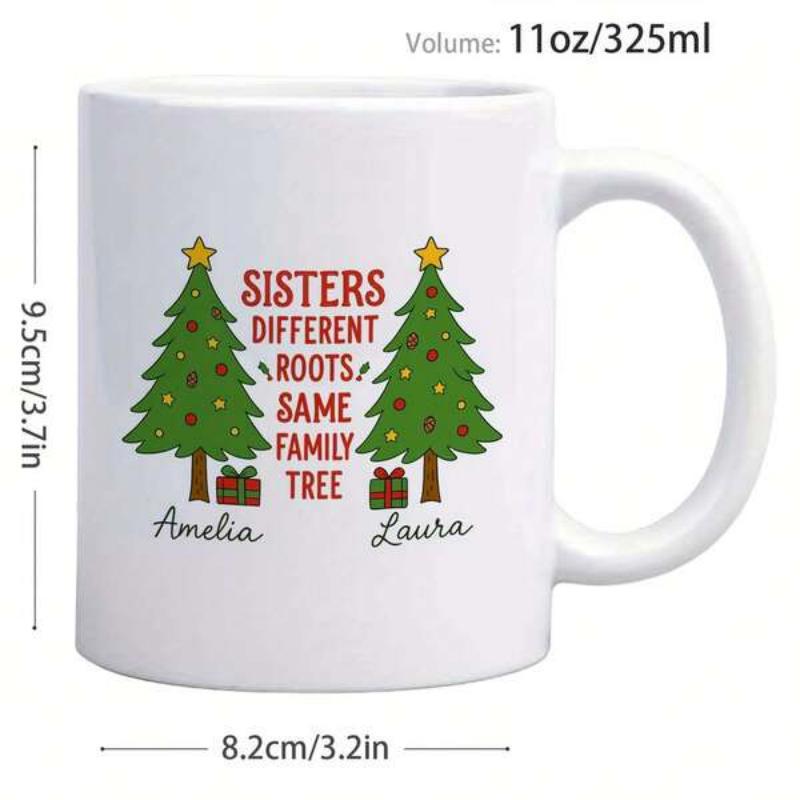 Tailorly White Ceramic 11 oz Mug - Sisters Different Roots Same Family Tree Amelia Laura Two Festive Evergreen Trees Decorated With Golden Stars Tree