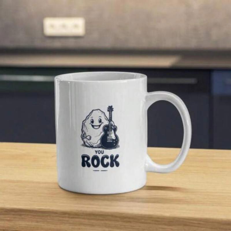 Tailorly White Ceramic 11 oz Mug - You Rock Cute Smiling Stone Character Holding Guitar With Happy Expression Rock