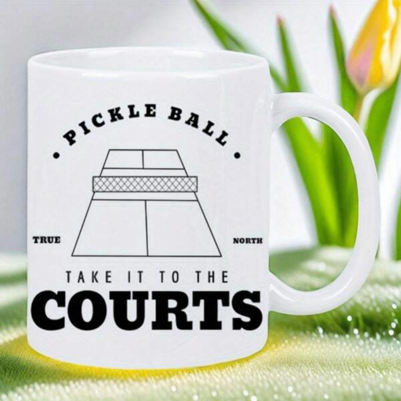 Tailorly White Ceramic 11 oz Mug - Pickle Ball True North Take It To The Courts Minimalist Line Drawing Of A Sports Court Viewed From Perspective View Pickleball