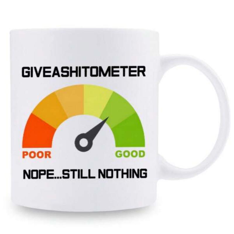 Tailorly White Ceramic 11 oz Mug - Giveashitometer Nope Still Nothing Colorful Semicircle Gauge Featuring Pointer Needle Among Vibrant Color Segments Meter