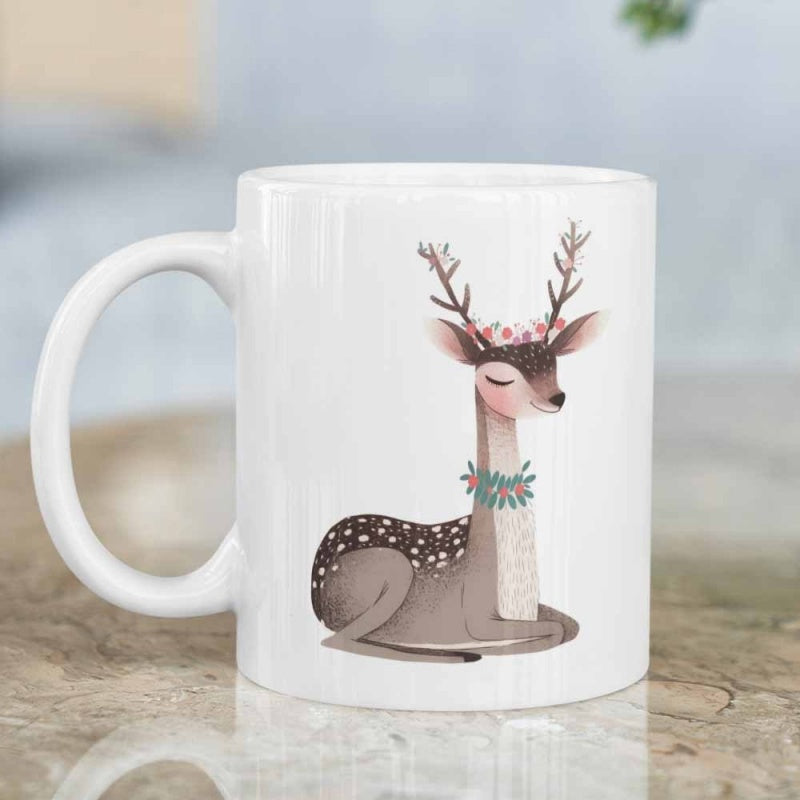 Tailorly White Ceramic 11 oz Mug - Adorable Sitting Fawn With Pink Flower Crown And Leafy Wreath Deer