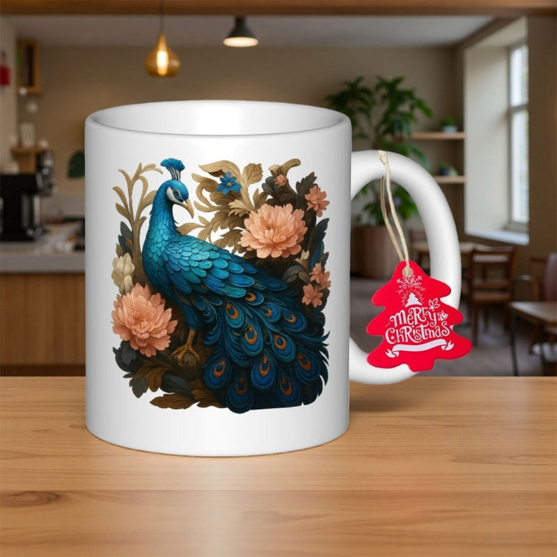 Tailorly White Ceramic 11 oz Mug - Merry Christmas Elegant Blue Feathers Standing Among Vintage Floral Petals And Lush Golden Leaves Peacock