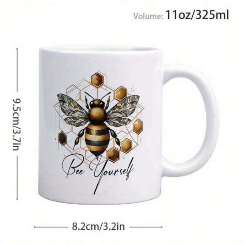 Tailorly White Ceramic 11 oz Mug - Bee Yourself Detailed Golden Striped Insect Floating Over Intricate Geometric Honeycomb Honeybee