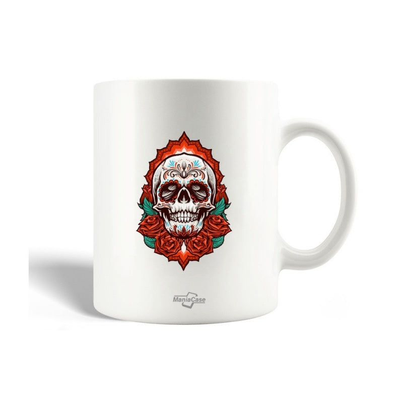 Tailorly White Ceramic 11 oz Mug - Intricately Detailed Sugar Skull With Blooming Red Roses Under Halo Skull