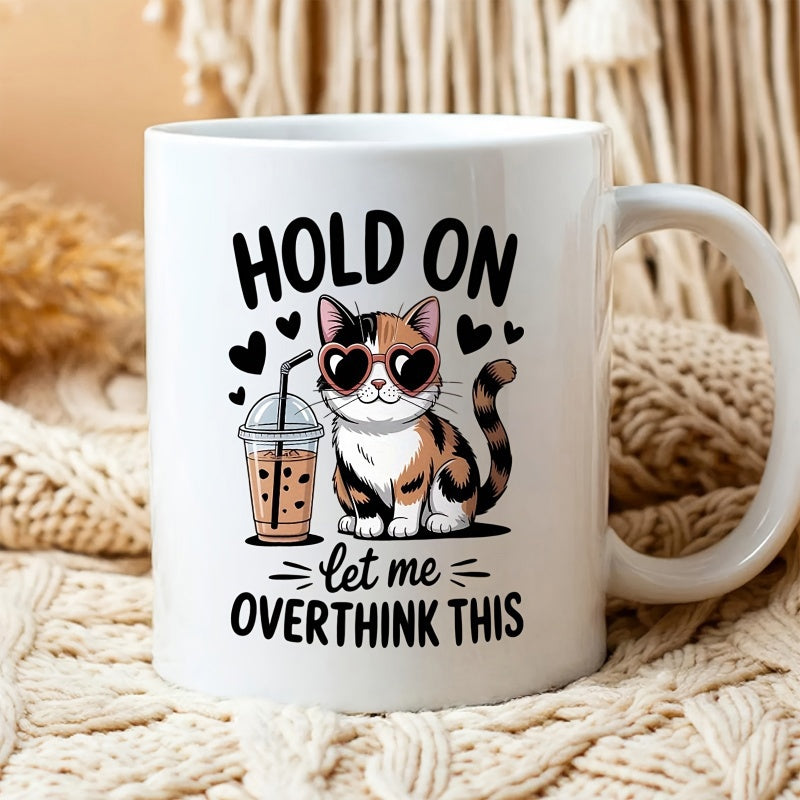 Tailorly White Ceramic 11 oz Mug - Hold On Let Me Overthink This Adorable Calico Wearing Heart Sunglasses Beside Refreshing Iced Coffee Cup Cat