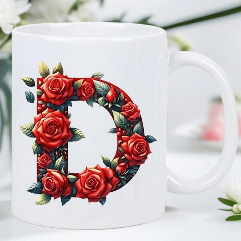 Tailorly White Ceramic 11 oz Mug - D Blooming Red Roses With Lush Green Leaves Creating Beautiful Monogram