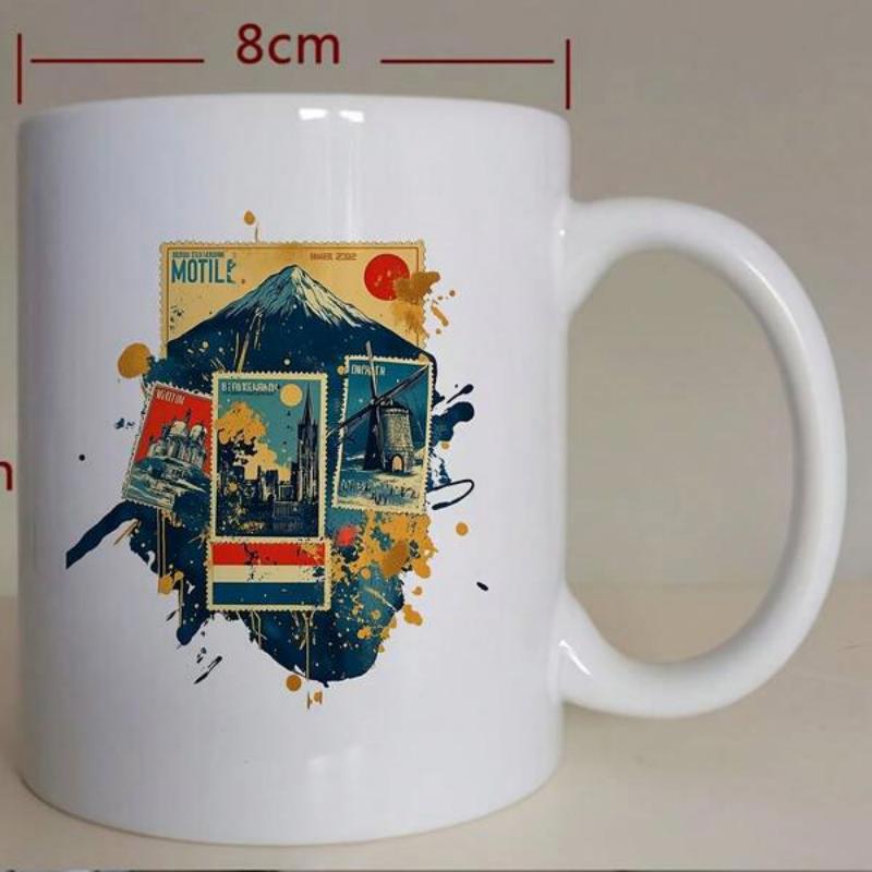 Tailorly White Ceramic 11 oz Mug - Japan Vintage Collage Featuring Snow Capped Fuji Mountain Splatters Mountain