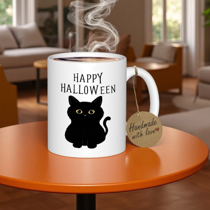 Tailorly White Ceramic 11 oz Mug - Happy Halloween Stylized Round Black Spooky Kitten With Bright Yellow Eyes Cat
