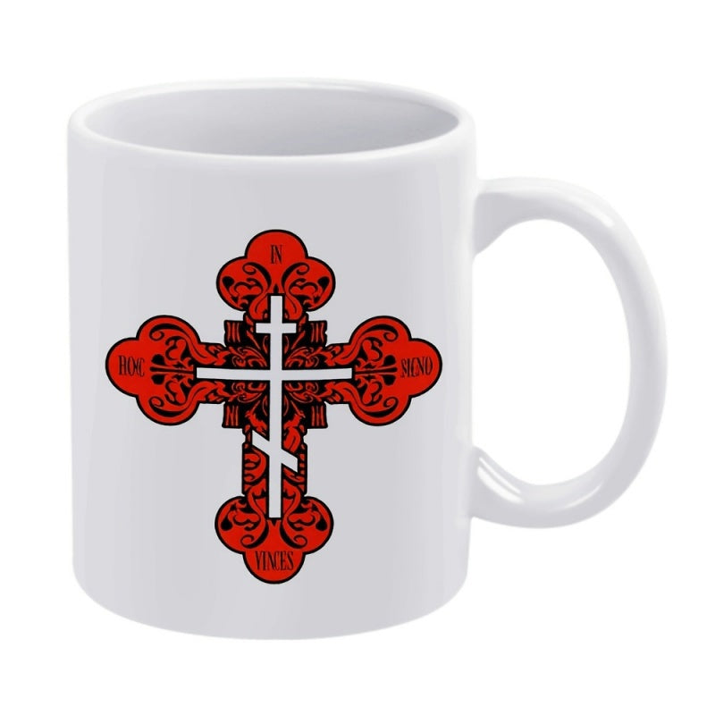 Tailorly White Ceramic 11 oz Mug - Ornate Red Decorative Patterns Behind A White Religious Russian Orthodox Cross