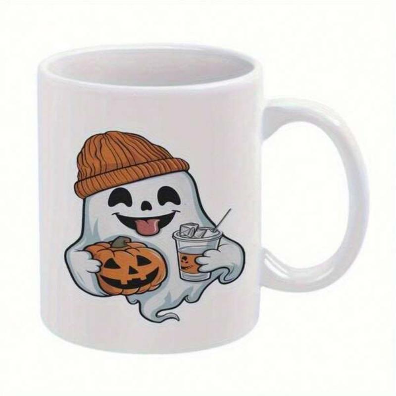Tailorly White Ceramic 11 oz Mug - Adorable Halloween Character Wearing Orange Beanie Carrying Pumpkin And Iced Drink Ghost