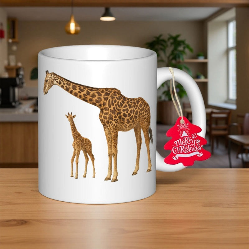 Tailorly White Ceramic 11 oz Mug - Merry Christmas Gentle Adult And Baby Giraffe Standing Calmly On Clean White Background Giraffe