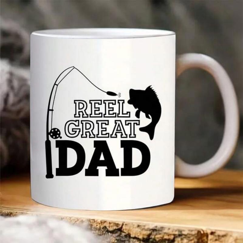 Tailorly White Ceramic 11 oz Mug - Reel Great Dad Minimalist Black Silhouette Design With Fishing Rod Arching Over Bass