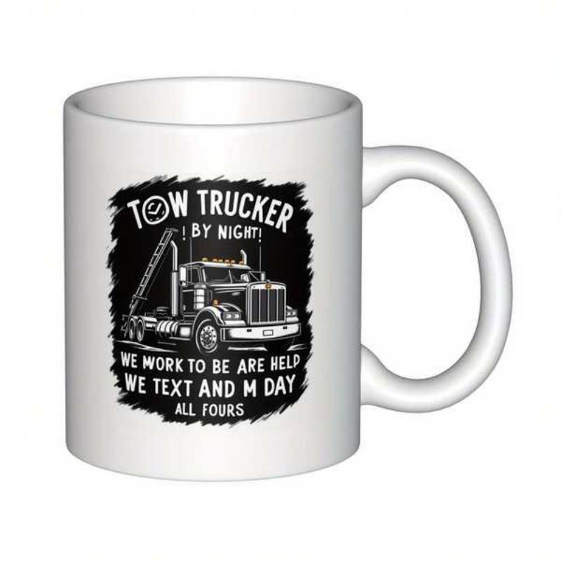 Tailorly White Ceramic 11 oz Mug - Tow Trucker By Night Detailed Professional Heavy Duty Semi Truck Graphic On Rugged Black Background Truck