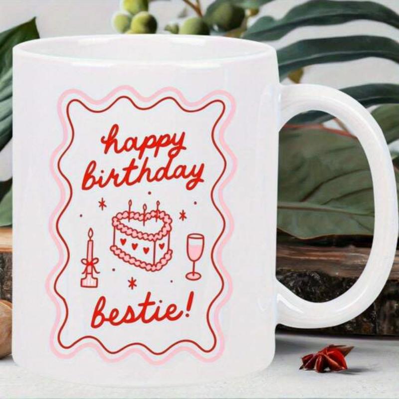 Tailorly White Ceramic 11 oz Mug - Happy Birthday Bestie Wavy Pink Frame With Heart Shaped Cake And Festive Birthday Party Mug