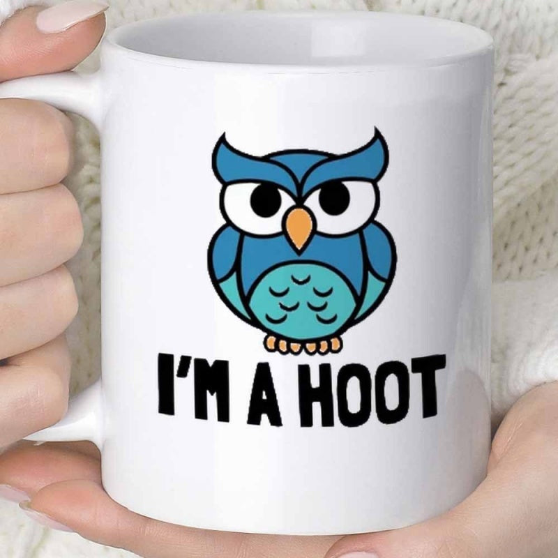 Tailorly White Ceramic 11 oz Mug - I'm A Hoot Adorable Blue Cartoon Bird Perching With Wide Curious Eyes Owl