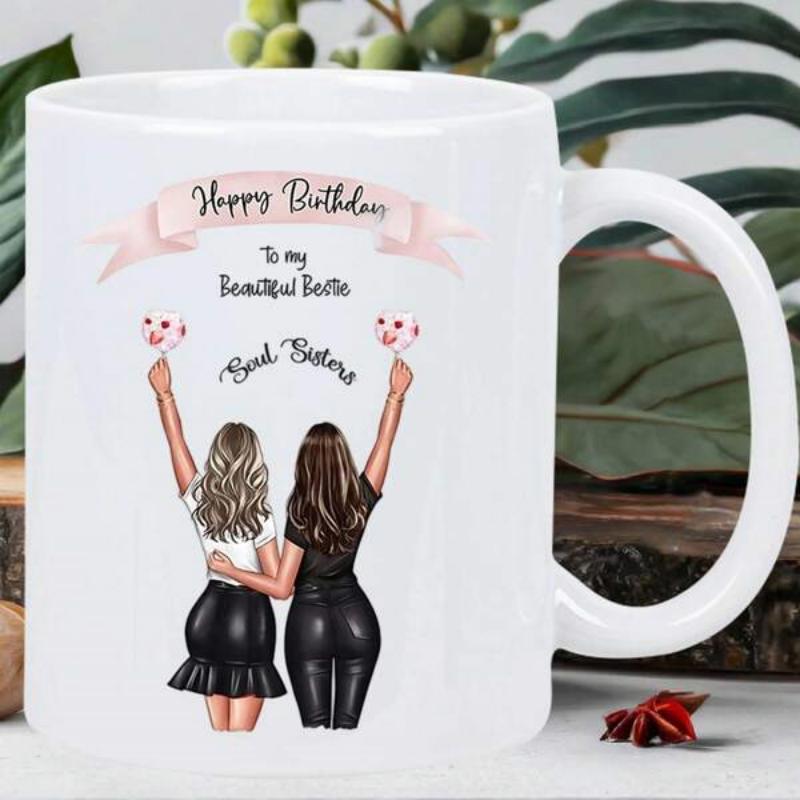 Tailorly White Ceramic 11 oz Mug - Happy Birthday To My Beautiful Bestie Soul Sisters Graceful Friends Standing Together Holding Small Hearts Under Soft Ribbon