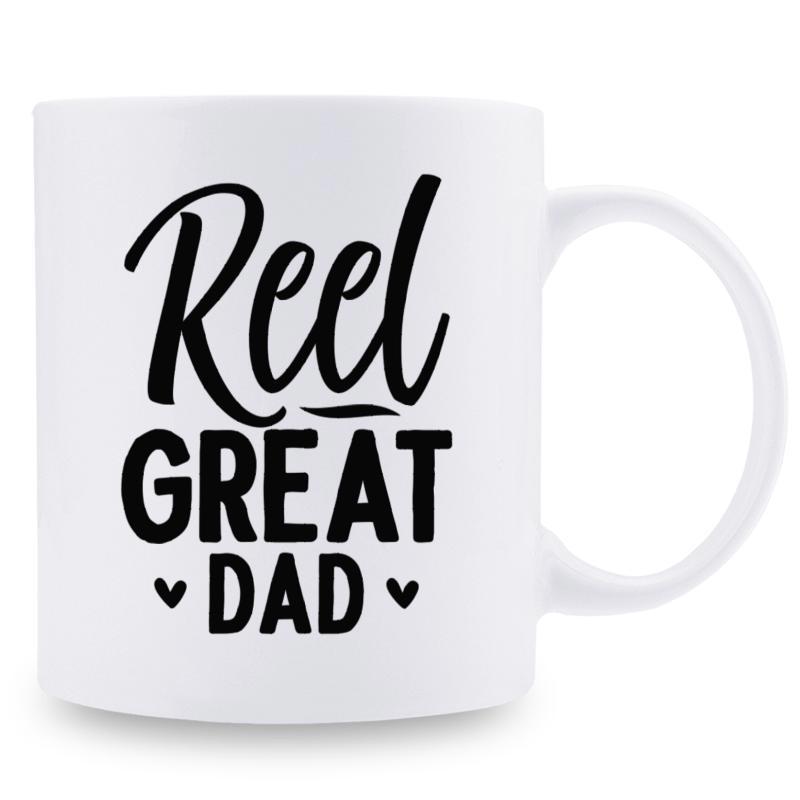 Tailorly White Ceramic 11 oz Mug - Reel Great Dad Minimalist White Ceramic Coffee Cup With Bold Black Artistic Lettering Mug