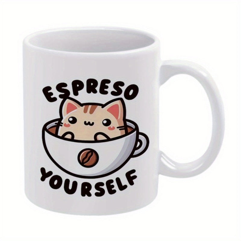 Tailorly White Ceramic 11 oz Mug - Espreso Yourself Cute Cartoon Kitten Sitting Inside A Cup Of Warm Coffee Cat