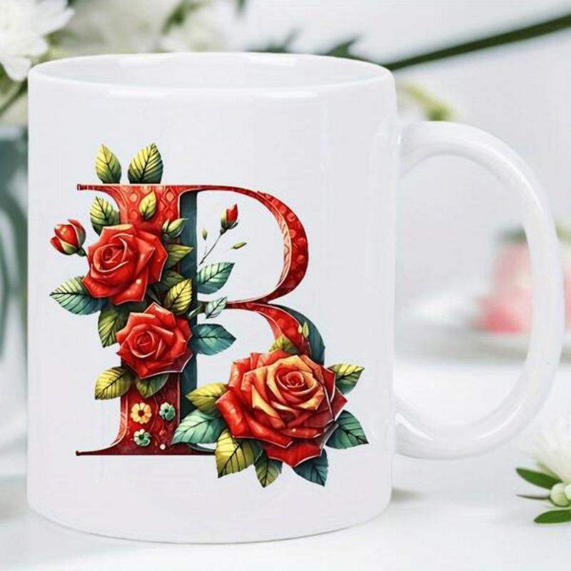 Tailorly White Ceramic 11 oz Mug - B Elegant Capital Letter Intertwined With Vibrant Red Blooming Garden Flowers Rose