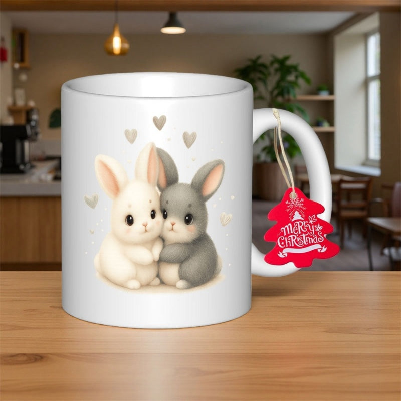 Tailorly White Ceramic 11 oz Mug - Merry Christmas Two Adorable Cuddling Bunnies Surrounded By Delicate Floating Hearts Under Soft Light Rabbit