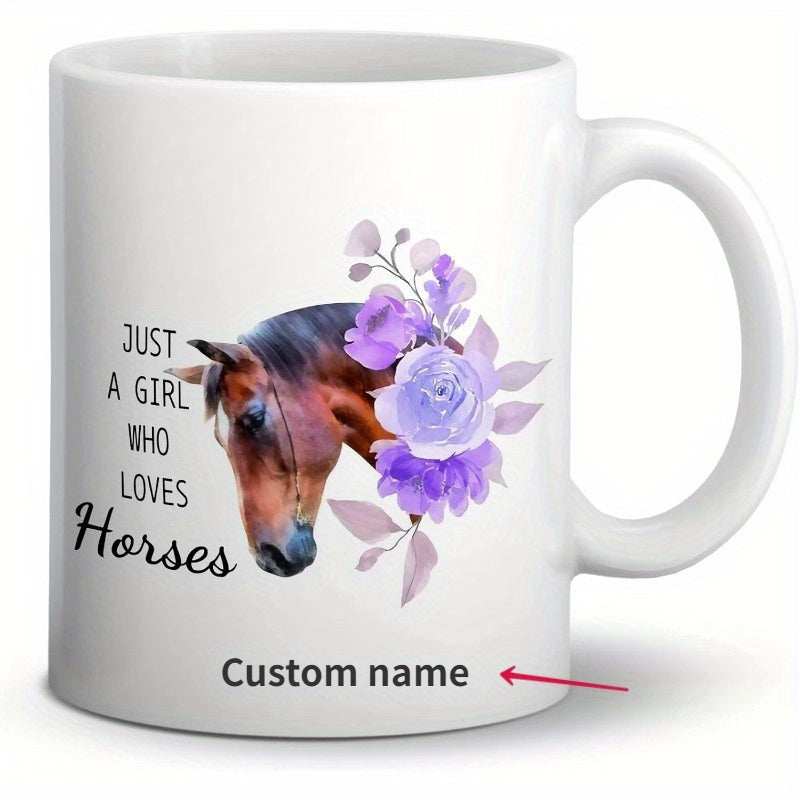 Tailorly White Ceramic 11 oz Mug - Just A Girl Who Loves Horses Majestic Brown Horse Surrounded By Delicate Purple Flowers And Blooming Roses Horse